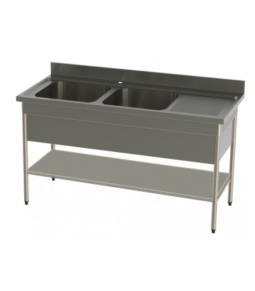 Plonge 2 cuves avec cache-cuve et 1 étagère confort CHR inox 12/10  à bords droits Sofinor PNP212G-EG612