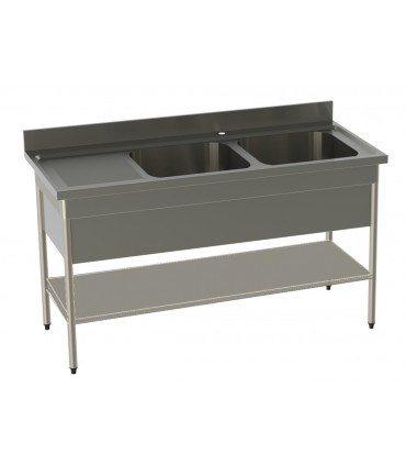 Plonge 2 cuves avec cache-cuve et 1 étagère confort CHR inox 12/10  à bords droits Sofinor PNP212D-EG612