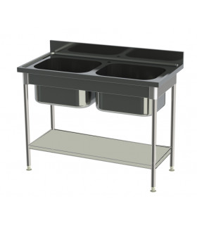 Plonge 2 cuves sans cache-cuve et 1 étagère confort CHR inox 12/10  à bords droits Sofinor PN212-EG612
