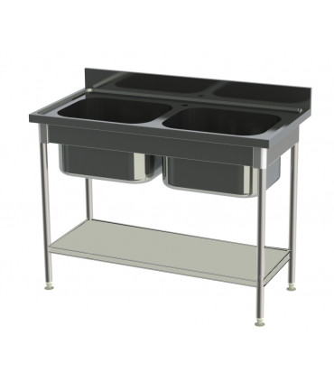 Plonge 2 cuves sans cache-cuve et 1 étagère confort CHR inox 12/10  à bords droits Sofinor PN212-EG612 Plonge 2 cuves sans cache-cuve et 1 étagère confort CHR inox 12/10  à bords droits Sofinor PN212-EG612