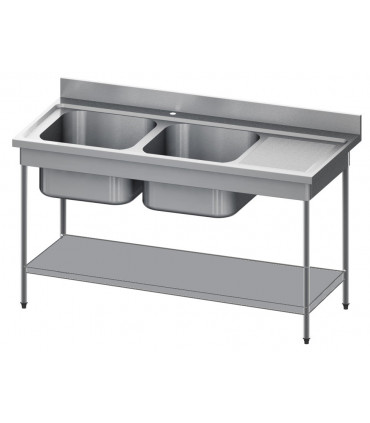 Plonge 2 cuves sans cache-cuve et 1 étagère confort CHR inox 12/10  à bords droits Sofinor PN218D-EG618 Plonge 2 cuves sans cache-cuve et 1 étagère confort CHR inox 12/10  à bords droits Sofinor PN218D-EG618