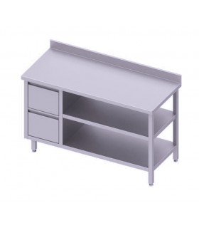Table adossée + meuble à deux tiroirs et deux étagères, Stalgast