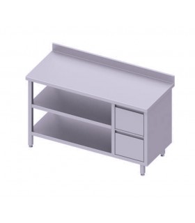 Table adossée + meuble à deux tiroirs et deux étagères, Stalgast