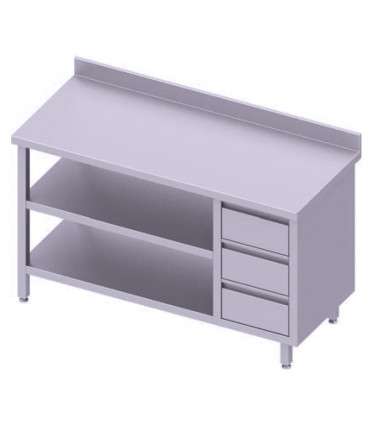 Table adossée + meuble à trois tiroirs et deux étagères, Stalgast