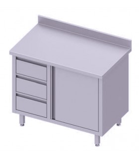 Table adosséee avec trois tiroirs, porte battante, Stalgast