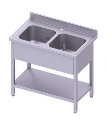 Table adossée avec double cuve avec étagère, Stalgast