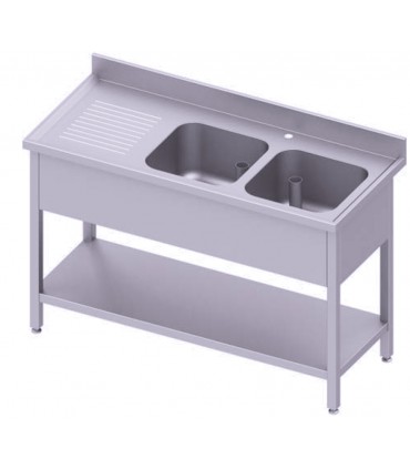 Table adossée avec double cuve avec étagère, Stalgast