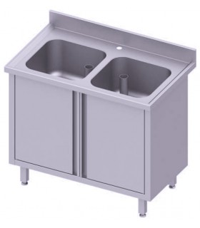Table adossée avec double cuve, portes battantes, Stalgast