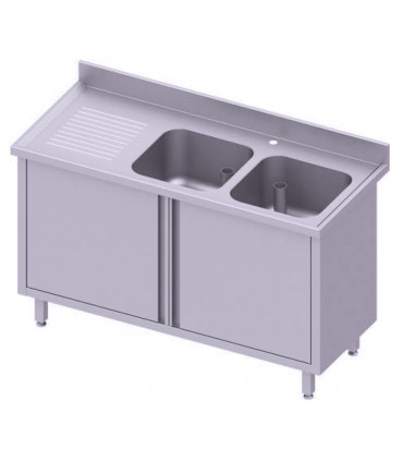 Table adossée avec double cuve, portes battantes, Stalgast