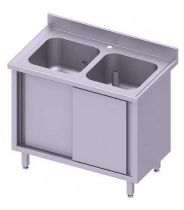Table adossée avec double cuve, portes coulissantes, Stalgast