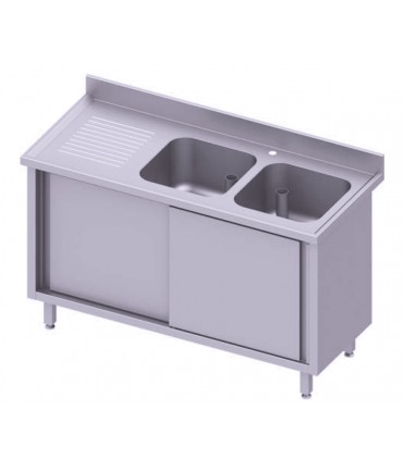 Table adossée avec double cuve, portes coulissantes, Stalgast