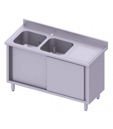 Table adossée avec double cuve, portes coulissantes, Stalgast