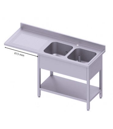 Table adossée avec double cuve, avec passage pour réfrigérateur ou lave-vaiselle, Stalgast